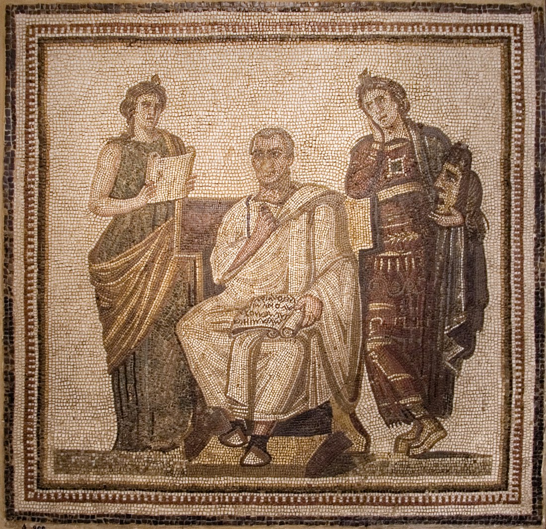 Virgile assis entre deux muses — mosaïque romaine